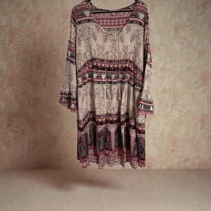 One World Womens 1X Paisley Floral Boho Babydoll Dress Tassel Bell Sleeve  Cream